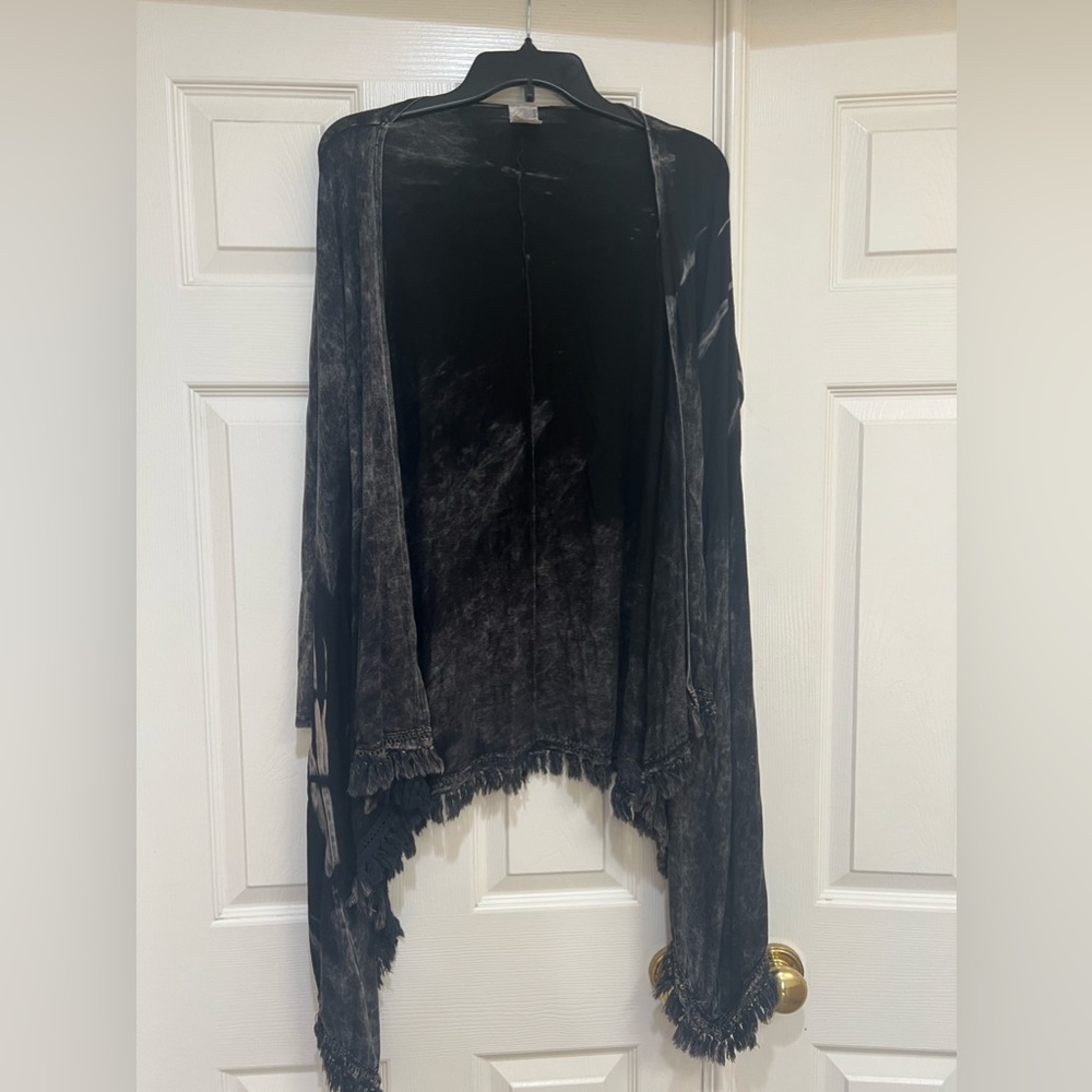 AMERICAN AGE Women Cardigan‎ Grey Black Tie-Dye Asymmetric Fringe Hem small